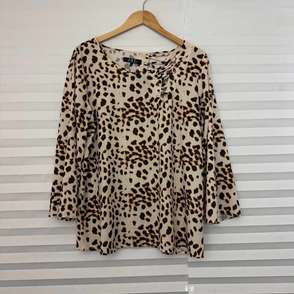 Jay by Jay Godfrey Leopard Print Bell Sleeve Lace Up Shoulder Blouse Tan‎ Large
